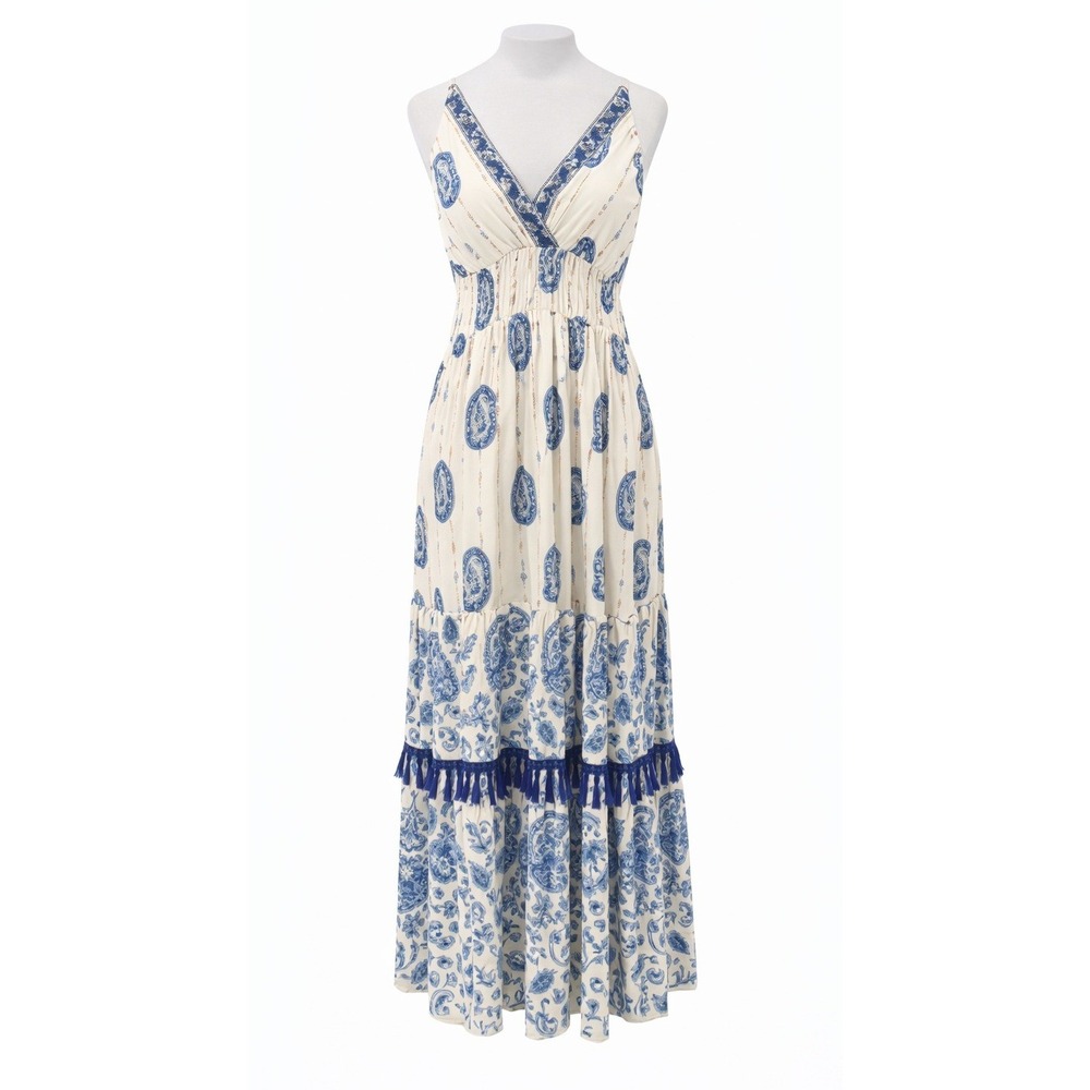 Me 2 Magic Maxi Dress Womens M White Blue Paisley Boho Tassel Sequin Metallic